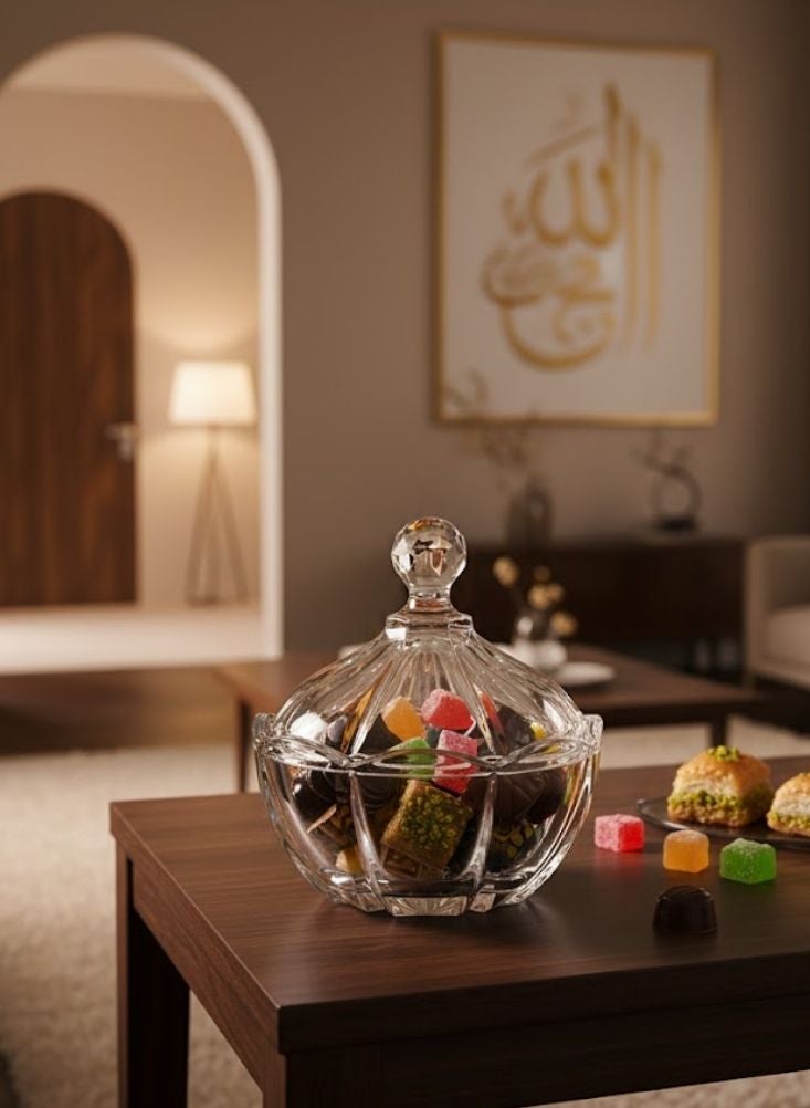 بريميم وعاء سكر زجاجي شفاف كلاسيكي بغطاء وتصميم متعدد الأوجه قطعة واحدة - Image 2